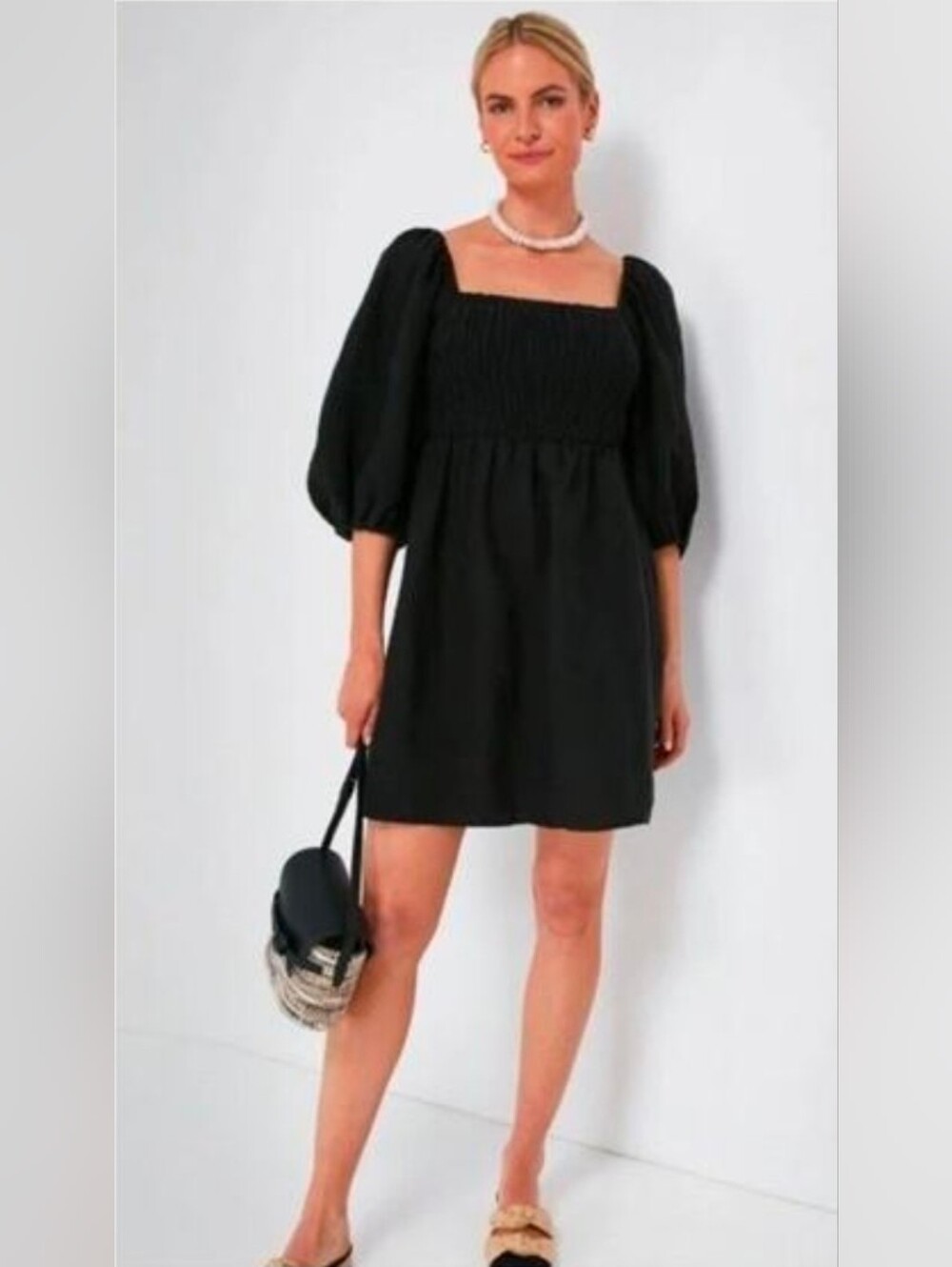 Tuckernuck Annie Linen Smocked Mini Dress with Puff Sleeves Black XS